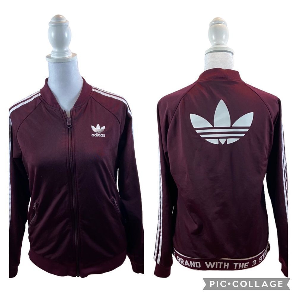 Ladies Small Maroon Full Zip Adidas Triple Stripe Trefoil Track Jacket Small